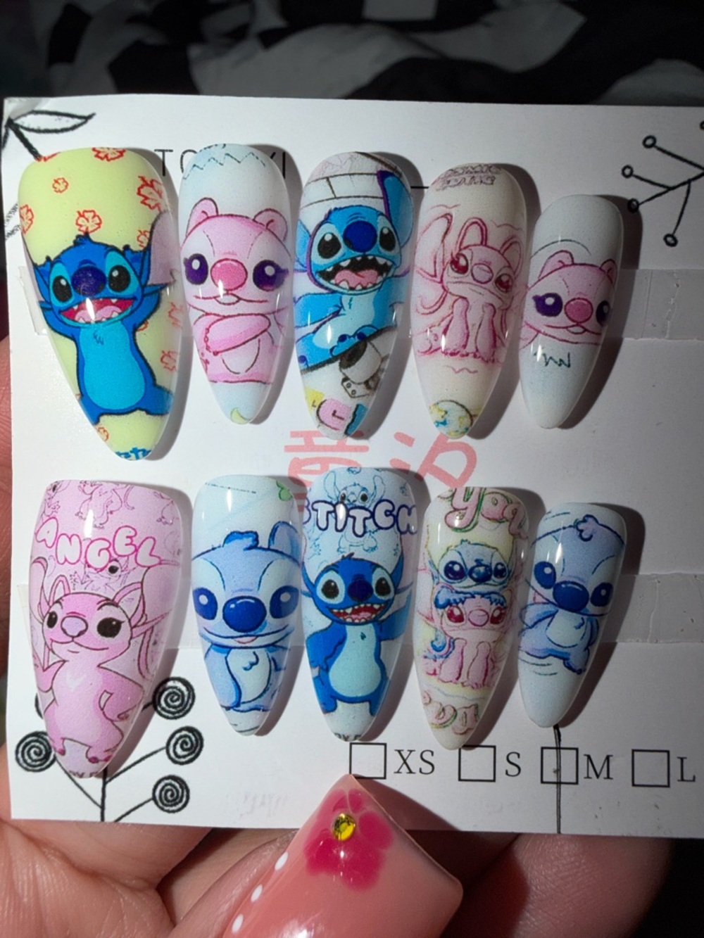 Stitch & Angel Cartoon Press-On Nail Set - Blue, Pink, White